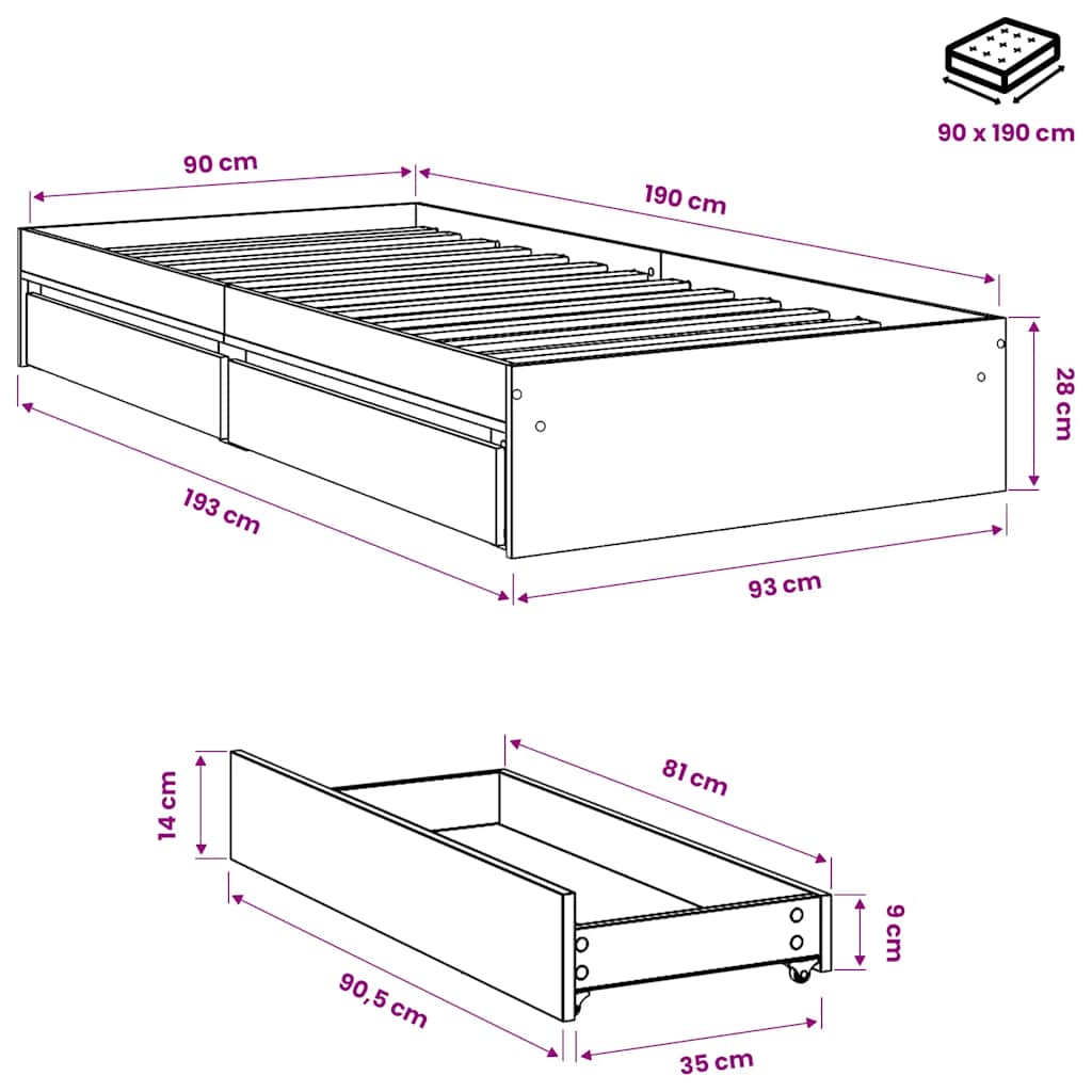 Bed Frame with Drawers without Mattress Concrete Grey 90x190 cm