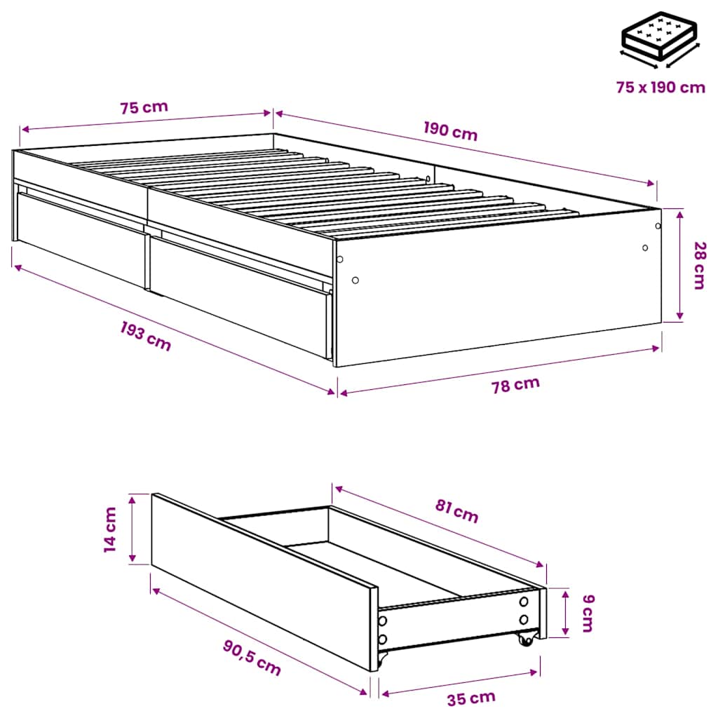 Bed Frame with Drawers without Mattress Black 75x190 cm
