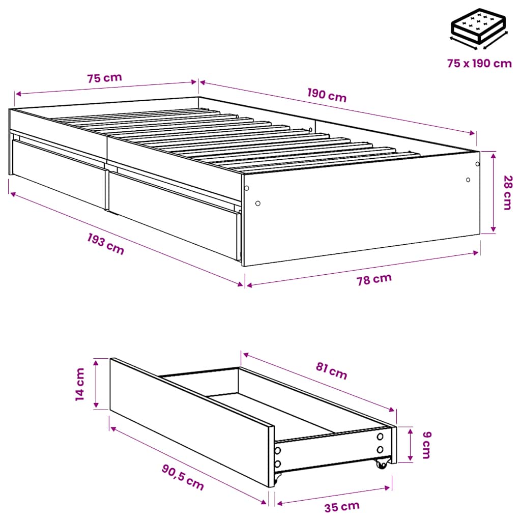 Bed Frame with Drawers without Mattress Smoked Oak 75x190 cm