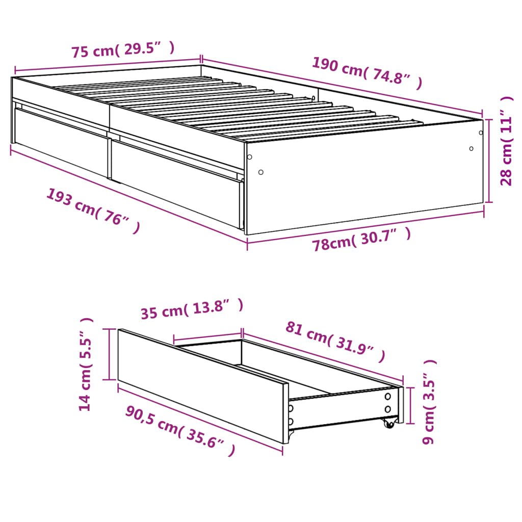 Bed Frame with Drawers without Mattress Grey Sonoma 75x190 cm