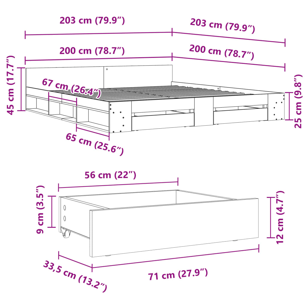 Bed Frame with Drawers without Mattress Concrete Grey 200x200cm