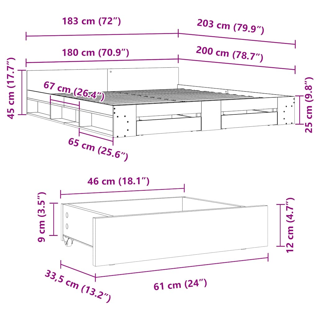 Bed Frame with Drawers without Mattress Concrete Grey 180x200cm