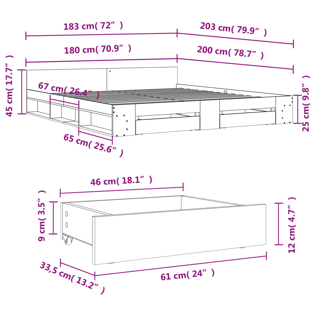 Bed Frame with Drawers without Mattress Grey Sonoma 180x200 cm