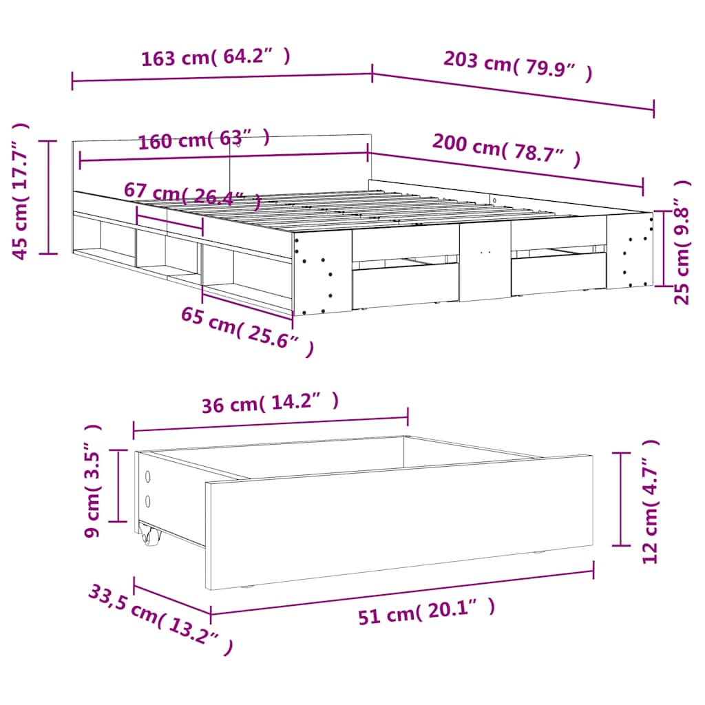 Bed Frame with Drawers without Mattress Concrete Grey 160x200cm
