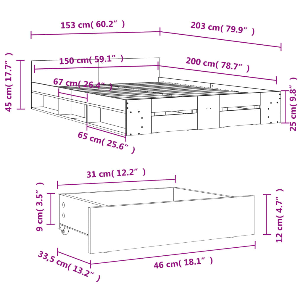 Bed Frame with Drawers without Mattress Concrete Grey 150x200cm