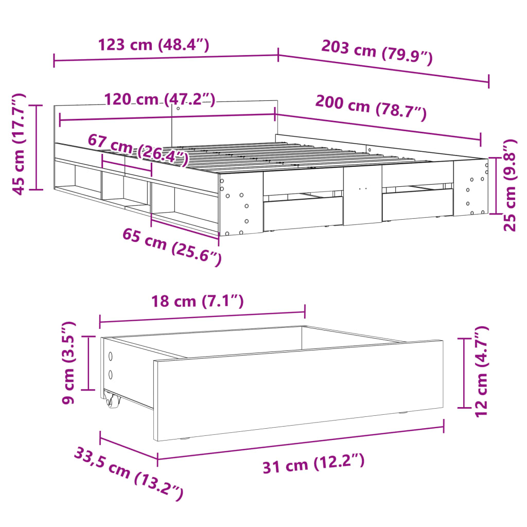 Bed Frame with Drawers without Mattress Concrete Grey 120x200cm