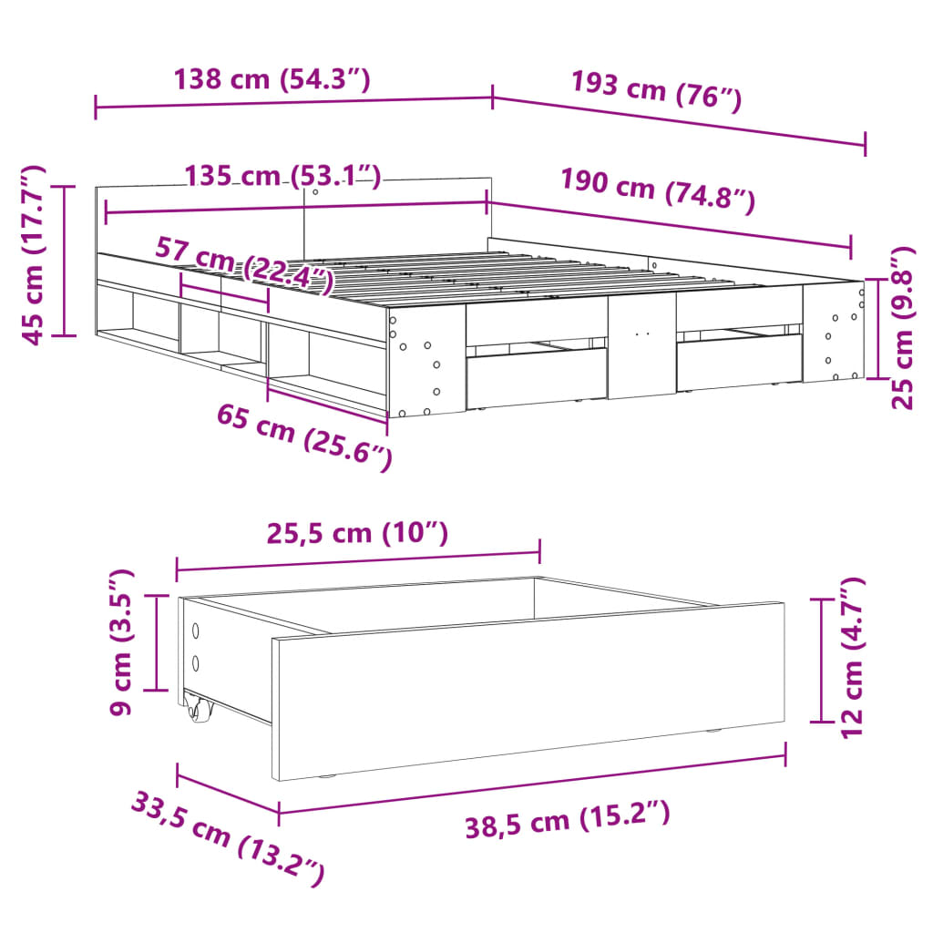 Bed Frame with Drawers without Mattress Sonoma Oak 135x190 cm Double