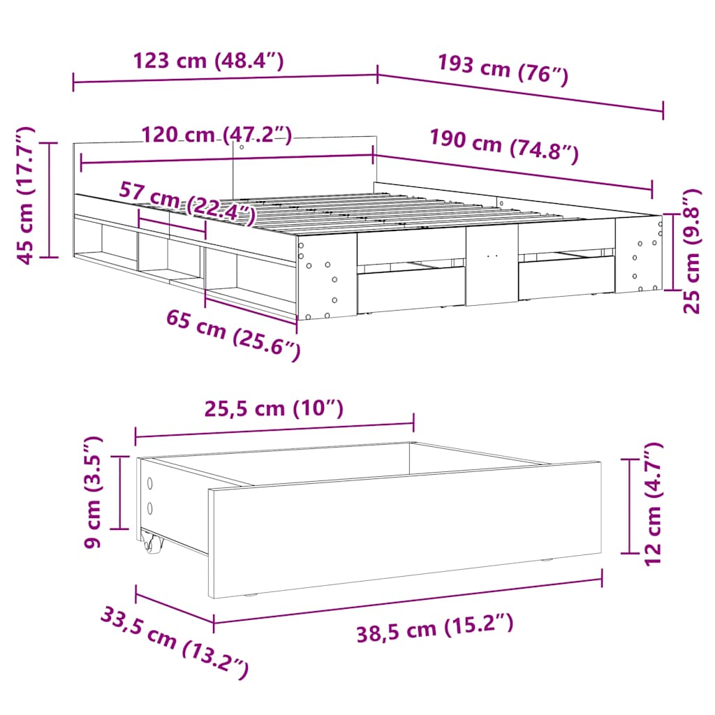 Bed Frame with Drawers without Mattress Grey Sonoma 120x190 cm