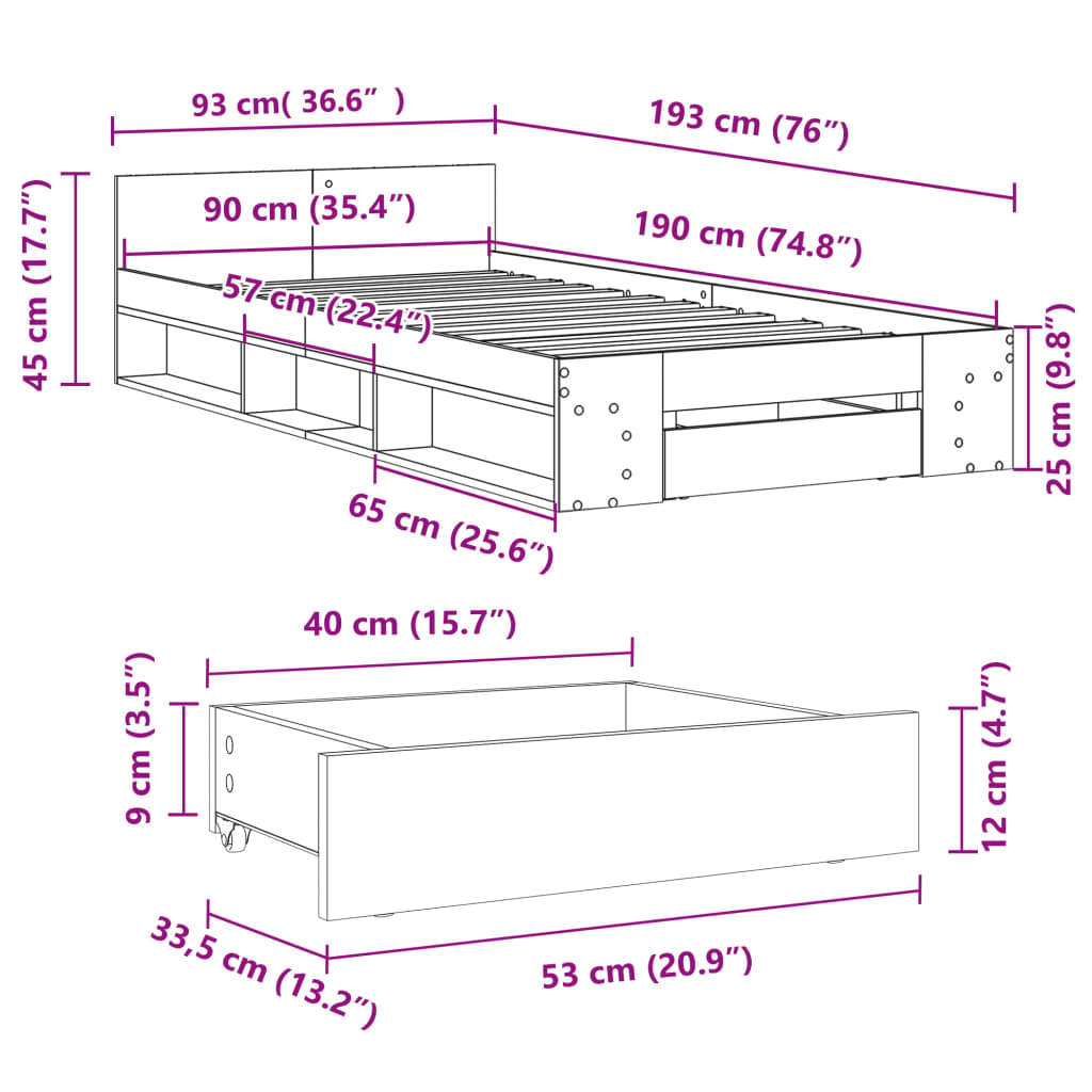 Bed Frame with Drawer without Mattress Concrete Grey 90x190 cm
