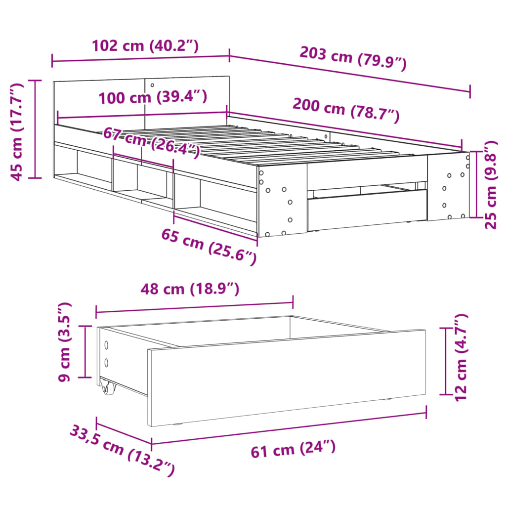 Bed Frame with Drawer without Mattress Grey Sonoma 100x200 cm