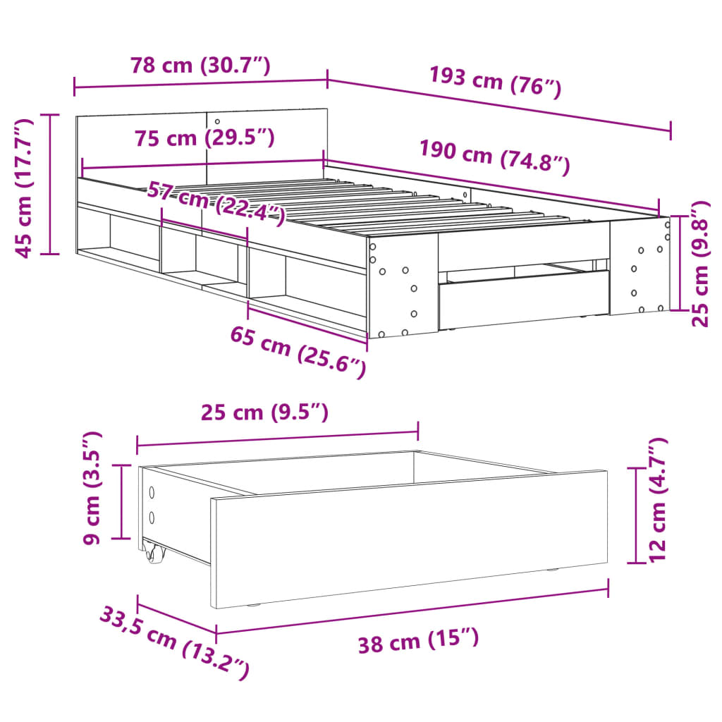 Bed Frame with Drawer without Mattress Sonoma Oak 75x190 cm