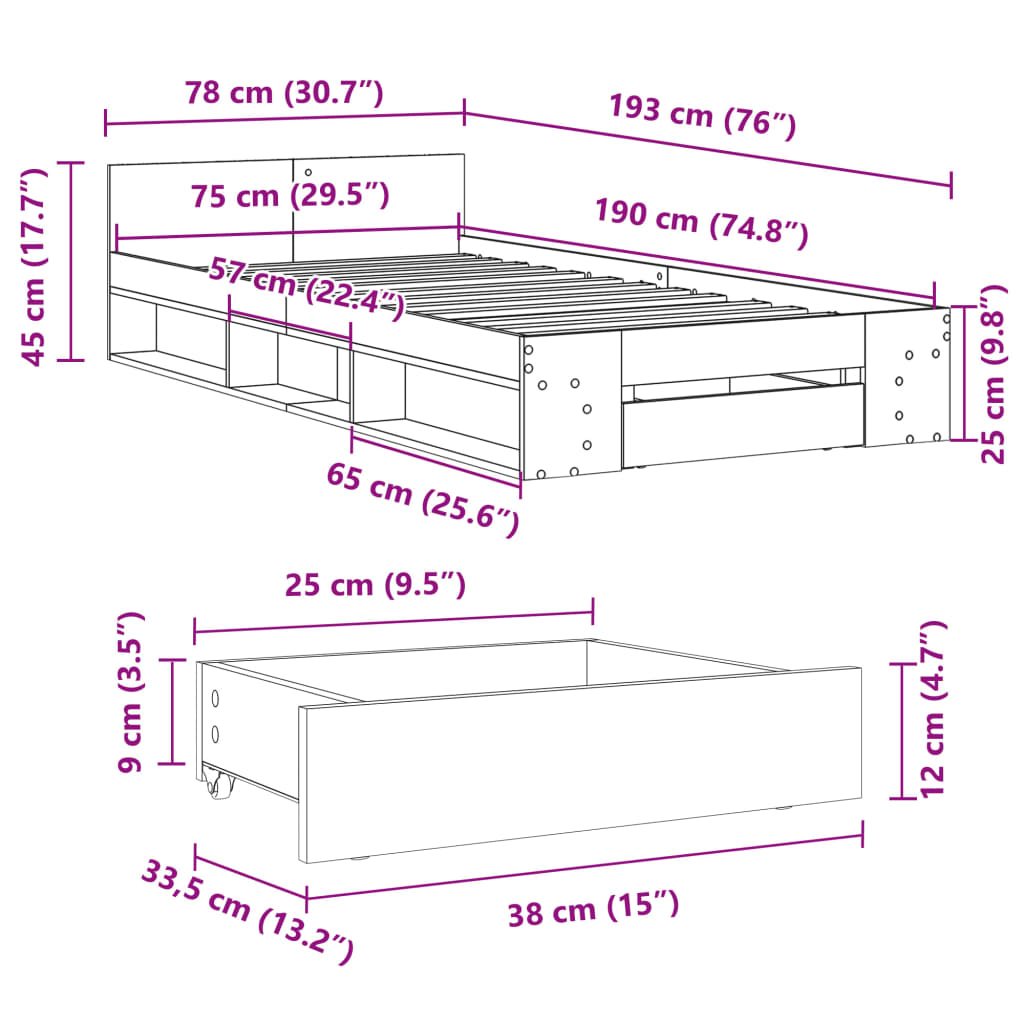 Bed Frame with Drawer without Mattress Brown Oak 75x190 cm