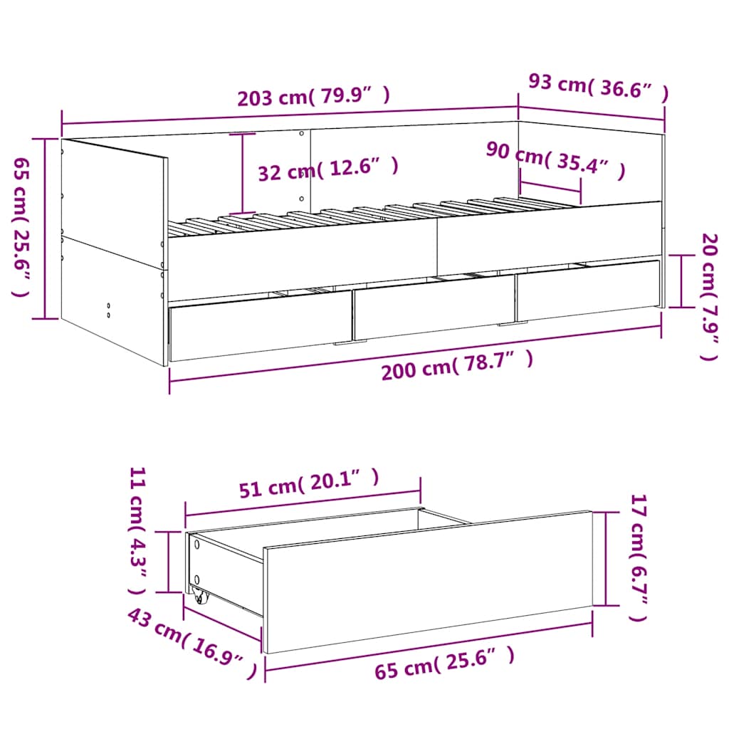 Daybed with Drawers without Mattress Grey Sonoma 90x200 cm