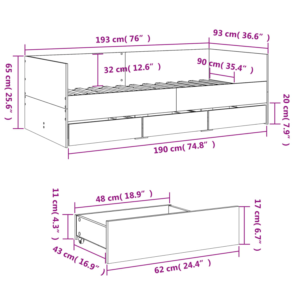 Daybed with Drawers without Mattress Concrete Grey 90x190 cm