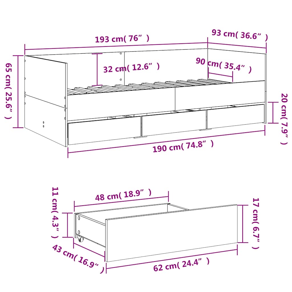 Daybed with Drawers without Mattress Smoked Oak 90x190 cm
