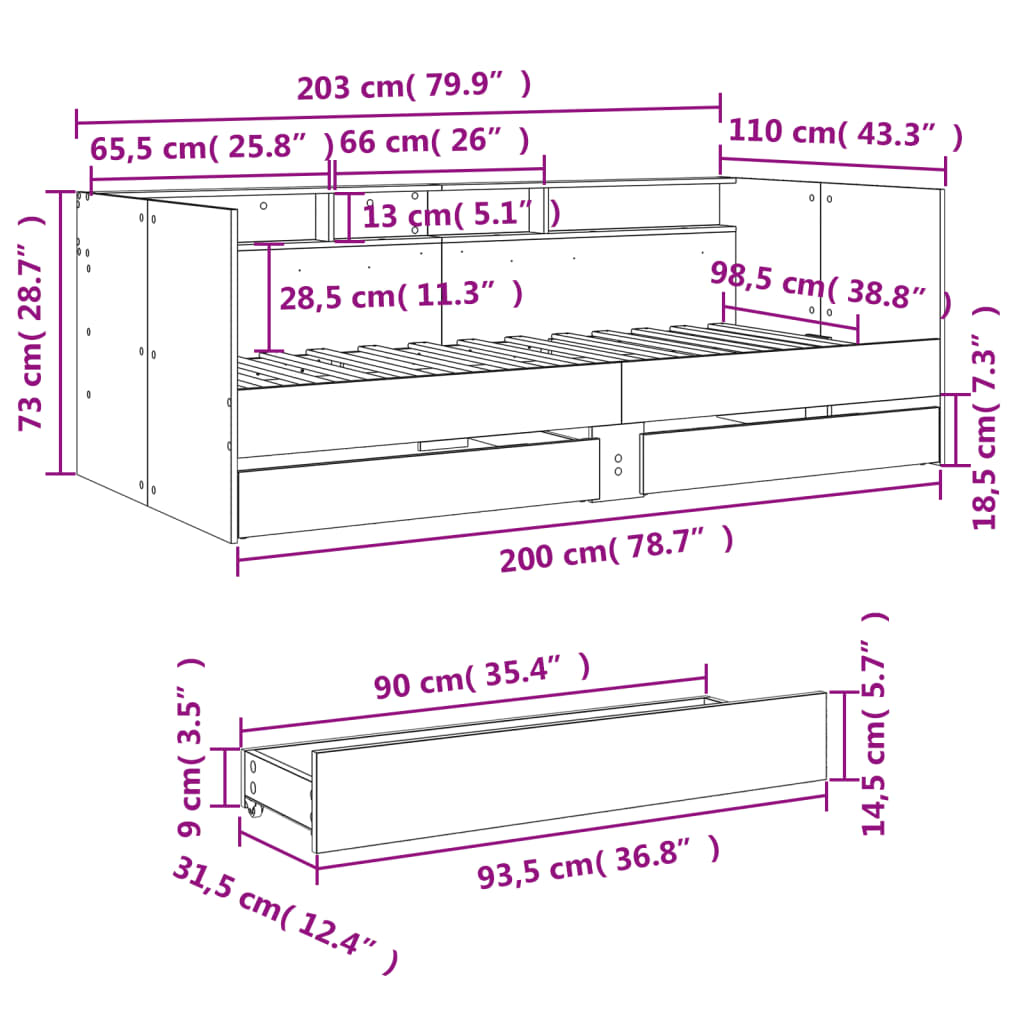 Daybed with Drawers without Mattress Grey Sonoma 100x200 cm