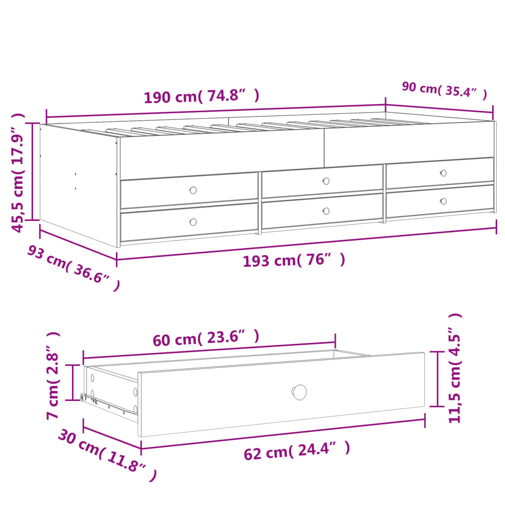 Daybed with Drawers without Mattress Concrete Grey 90x190 cm