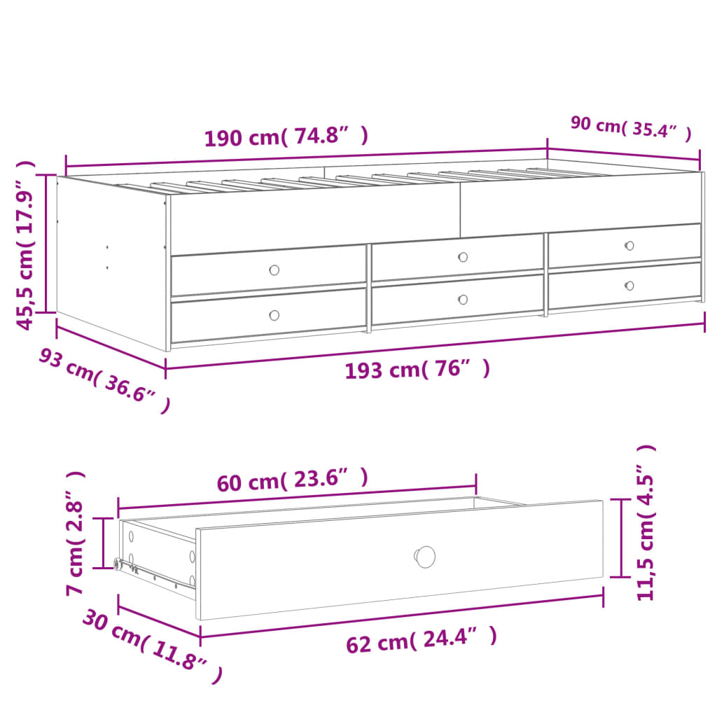 Daybed with Drawers without Mattress Smoked Oak 90x190 cm
