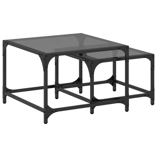 Nesting Coffee Tables 2 pcs with Black Glass Top Steel Nesting Coffee Tables 2 pcs with Black Glass Top Steel