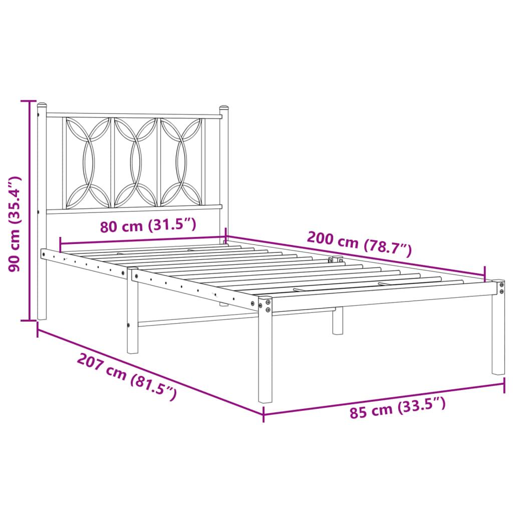 Metal Bed Frame without Mattress with Headboard Black 80x200cm