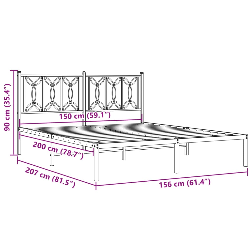 Metal Bed Frame without Mattress with Headboard Black 150x200cm