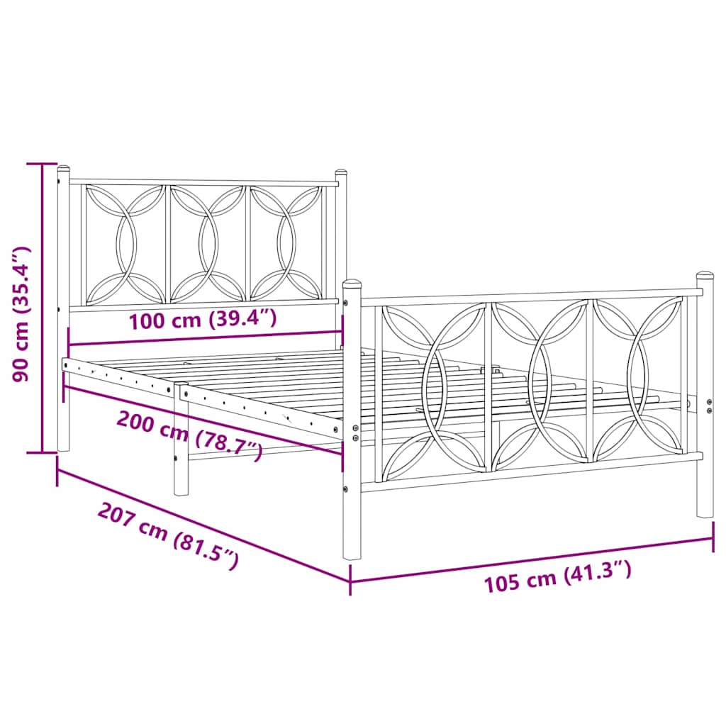 Metal Bed Frame without Mattress with Footboard Black 100x200cm