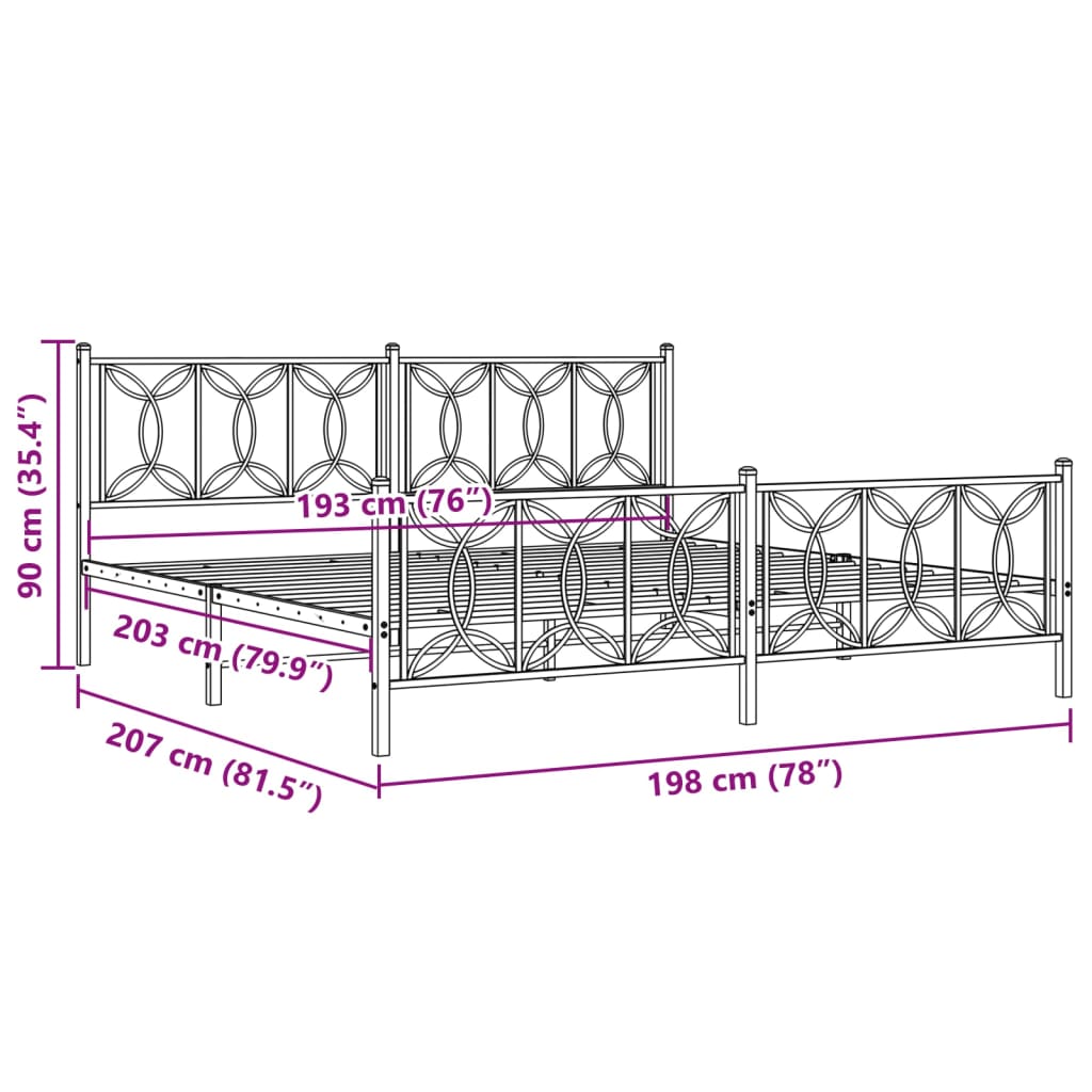 Metal Bed Frame without Mattress with Footboard Black 193x203cm