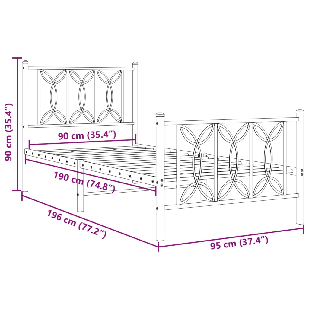 Metal Bed Frame without Mattress with Footboard White 90x190cm
