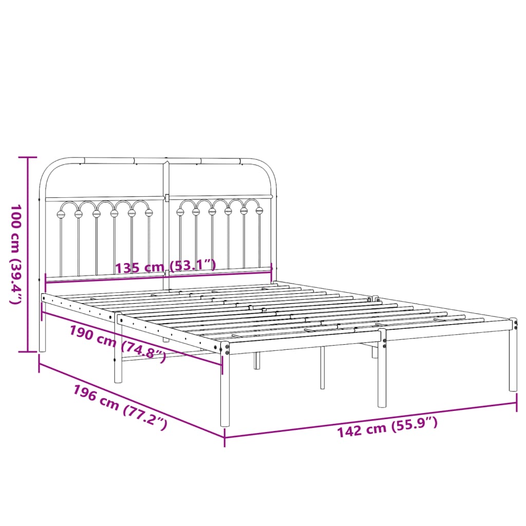 Metal Bed Frame without Mattress with Headboard Black 135x190cm