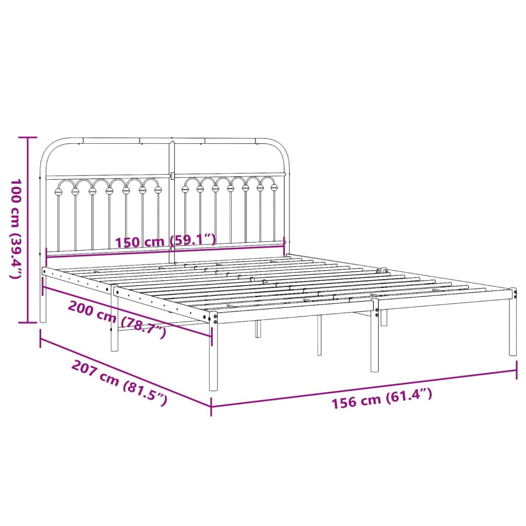 Metal Bed Frame without Mattress with Headboard Black 150x200cm
