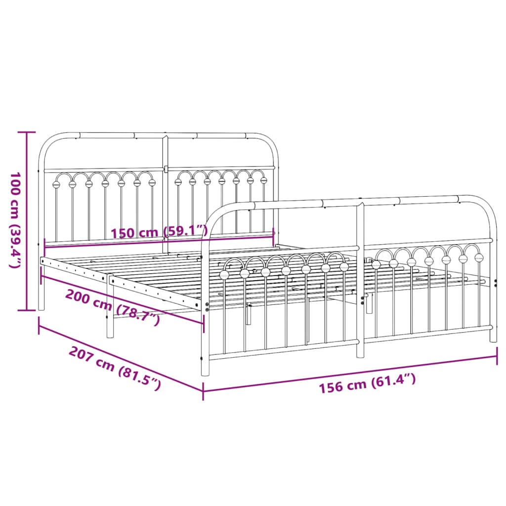 Metal Bed Frame without Mattress with Footboard Black 150x200cm
