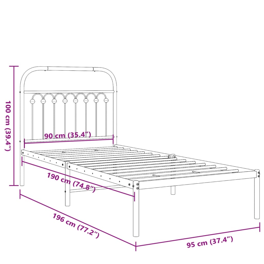 Metal Bed Frame without Mattress with Headboard White 90x190cm