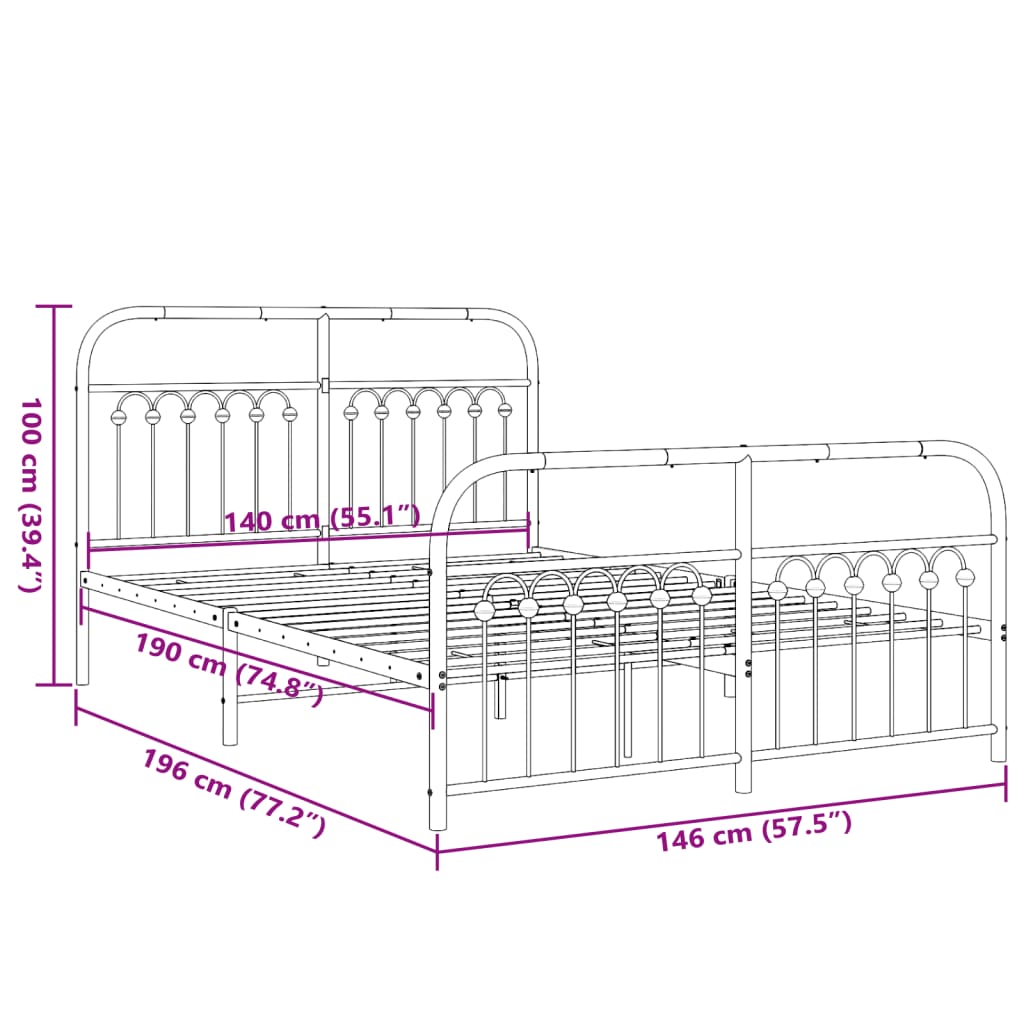 Metal Bed Frame without Mattress with Footboard White 140x190cm