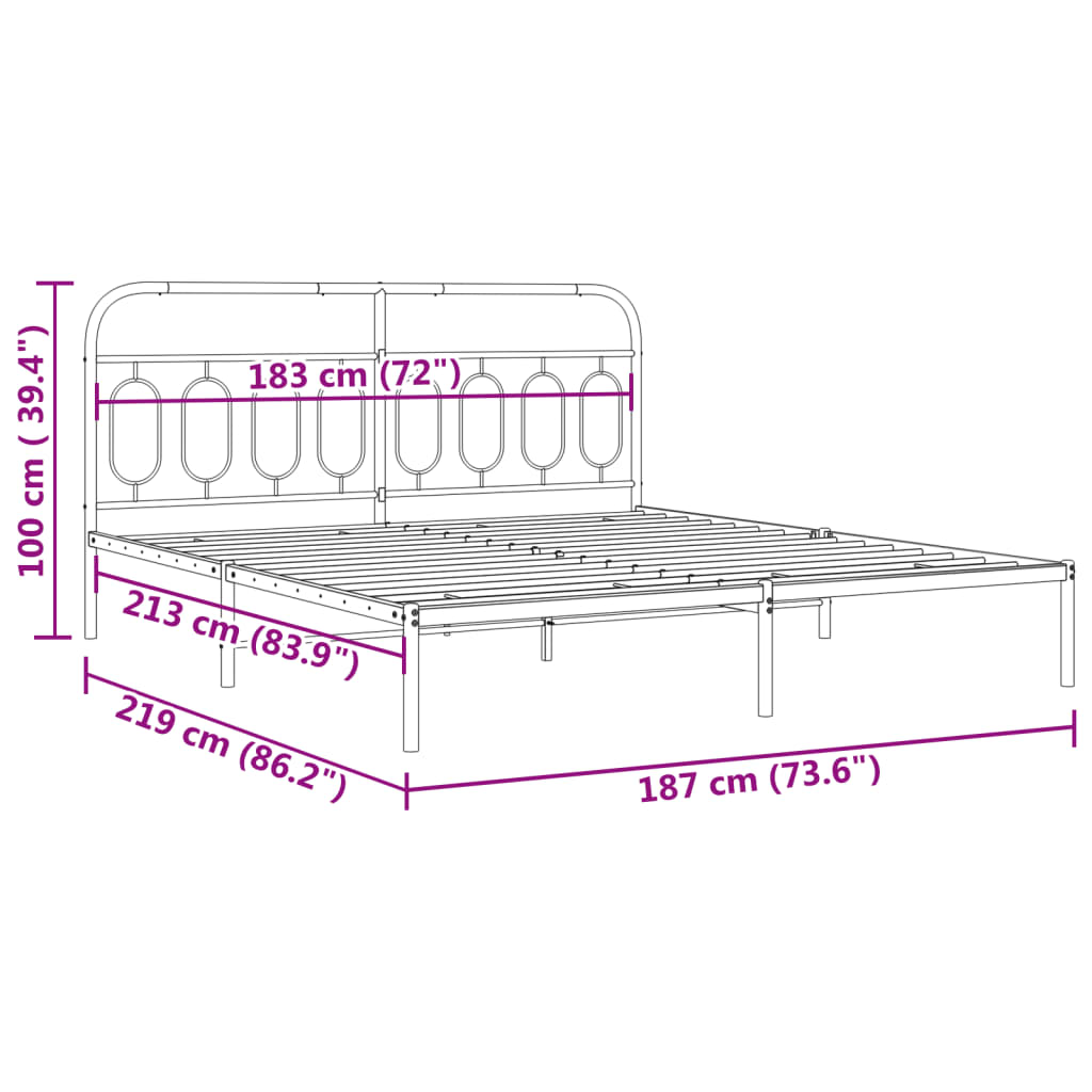 Metal Bed Frame without Mattress with Headboard Black 183x213cm
