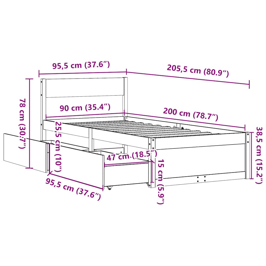 Bed Frame without Mattress Wax Brown 90x200 cm Solid Wood Pine