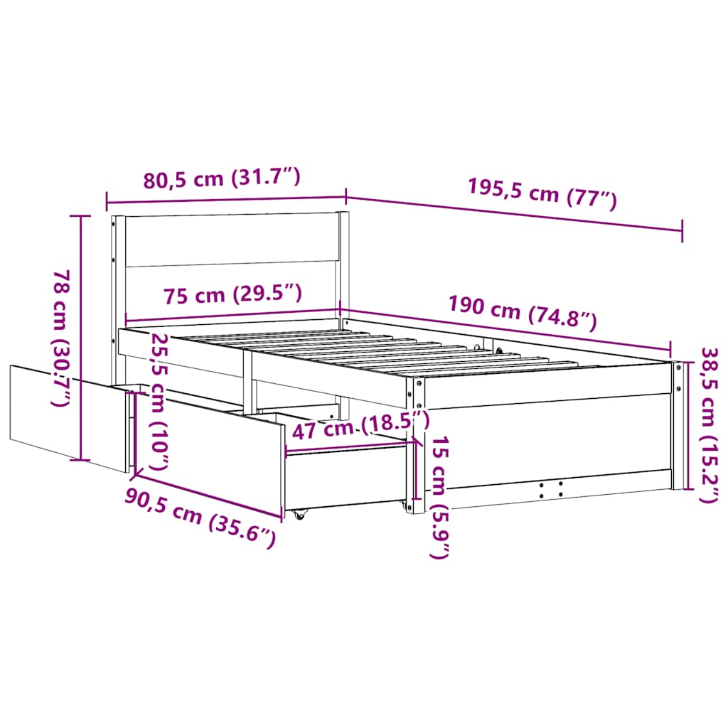 Bed Frame without Mattress 75x190 cm Solid Wood Pine