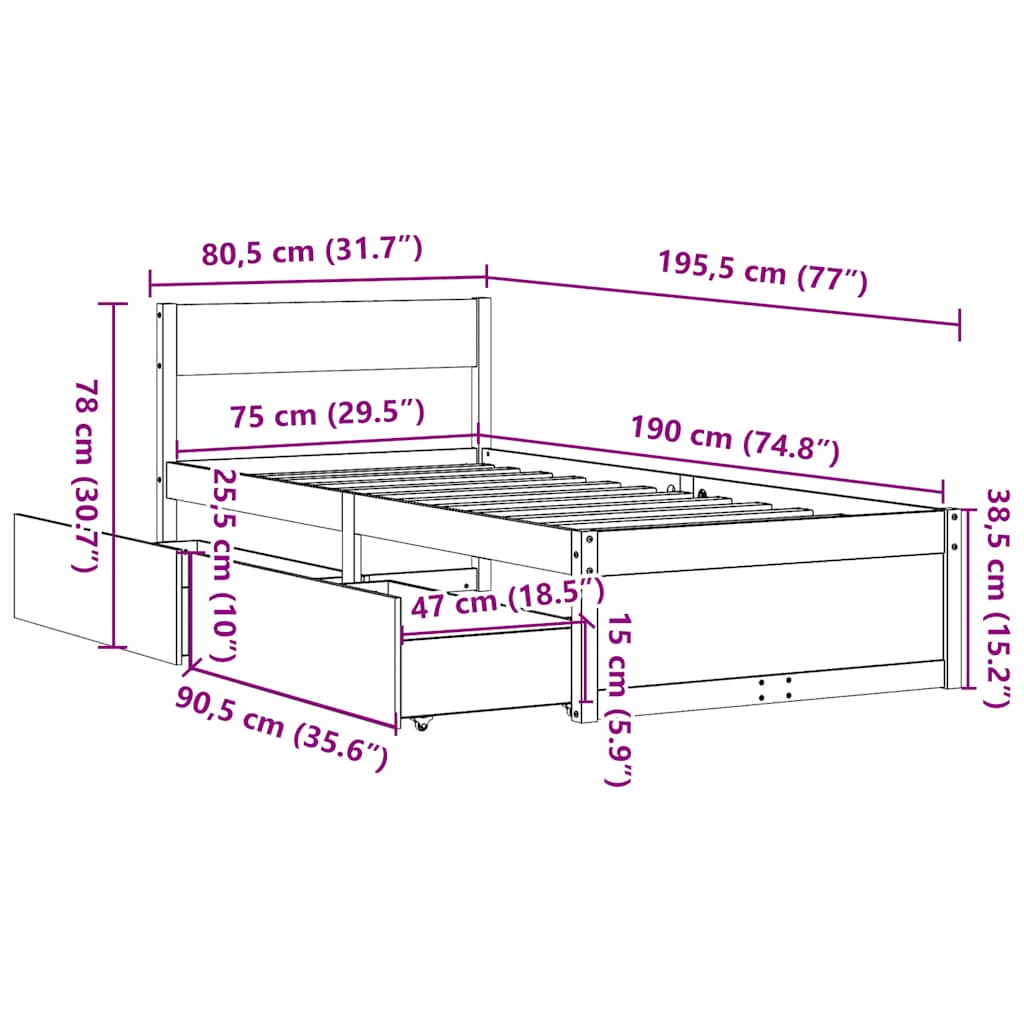 Bed Frame without Mattress White 75x190 cm Solid Wood Pine