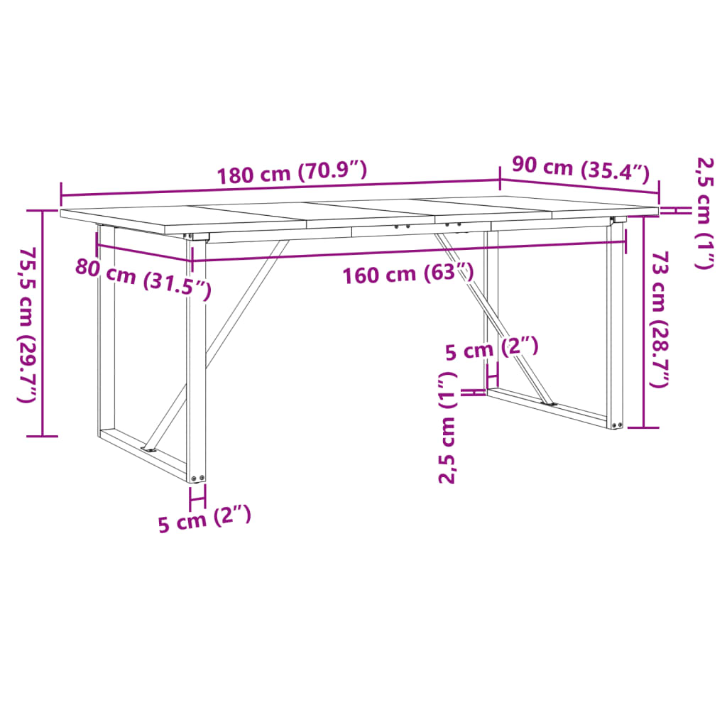 Dining Table O-Frame 180x90x75,5 cm Solid Wood Pine and Steel