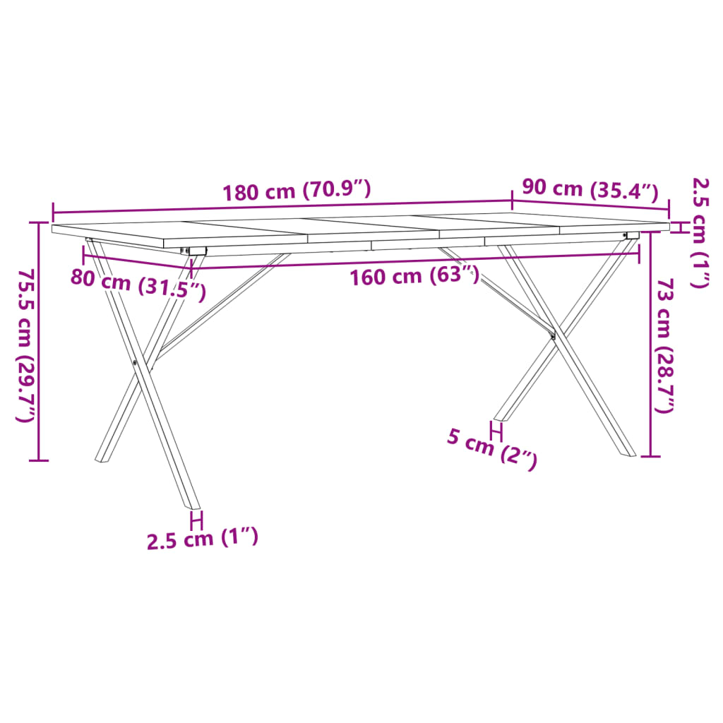 Dining Table X-Frame 180x90x75,5 cm Solid Wood Pine and Steel
