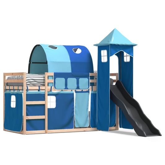Bunk Bed without Mattress with Slide and Curtains Blue 90x190 cm Single Bunk Bed without Mattress with Slide and Curtains Blue 90x190 cm Single