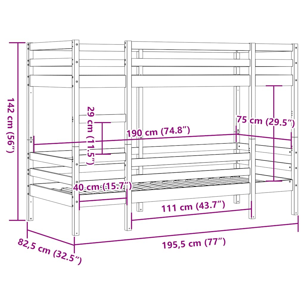 Bunk Bed without Mattress Wax Brown 75x190 cm Solid Wood Pine