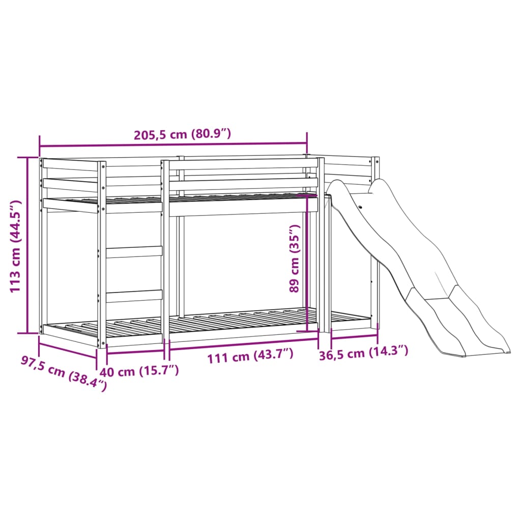 Bunk Bed with Slide&Ladder without Mattress Wax Brown 90x200 cm