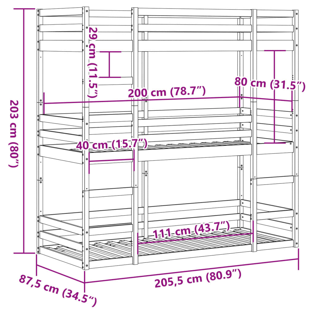 Triple Bunk Bed without Mattress 80x200 cm Solid Wood Pine