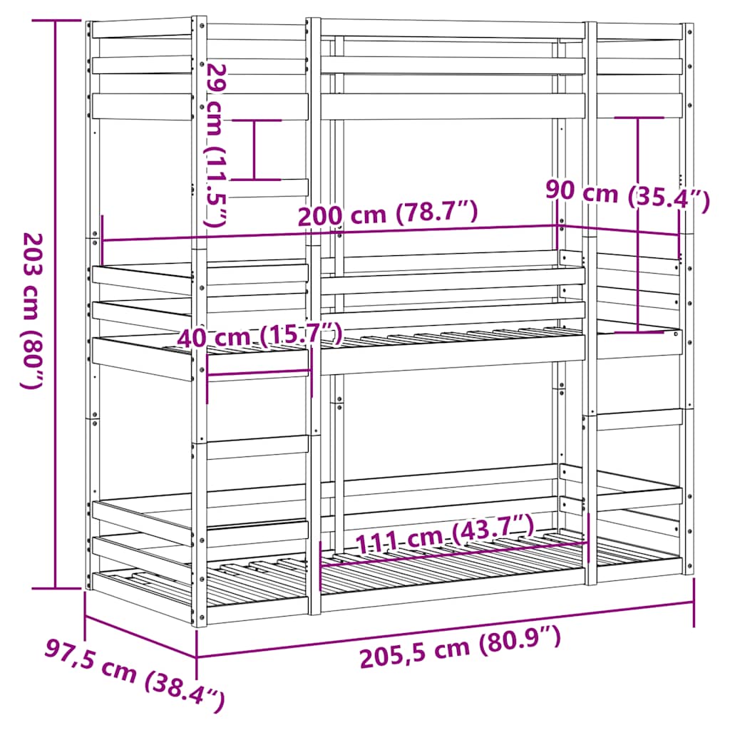 Triple Bunk Bed without Mattress Wax Brown 90x200 cm