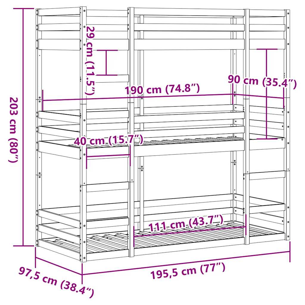 Triple Bunk Bed without Mattress White 90x190cm Solid Wood Pine