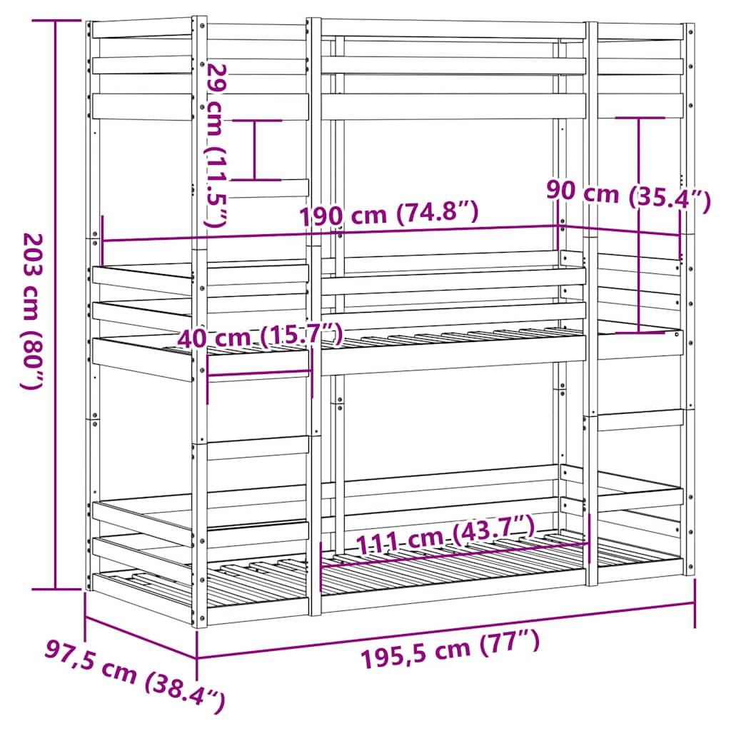 Triple Bunk Bed without Mattress Wax Brown 90x190 cm