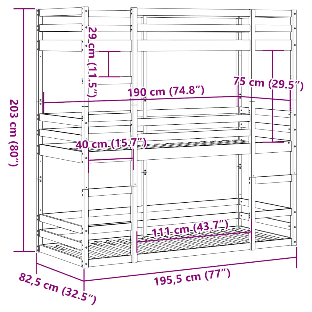 Triple Bunk Bed without Mattress White 75x190cm Solid Wood Pine