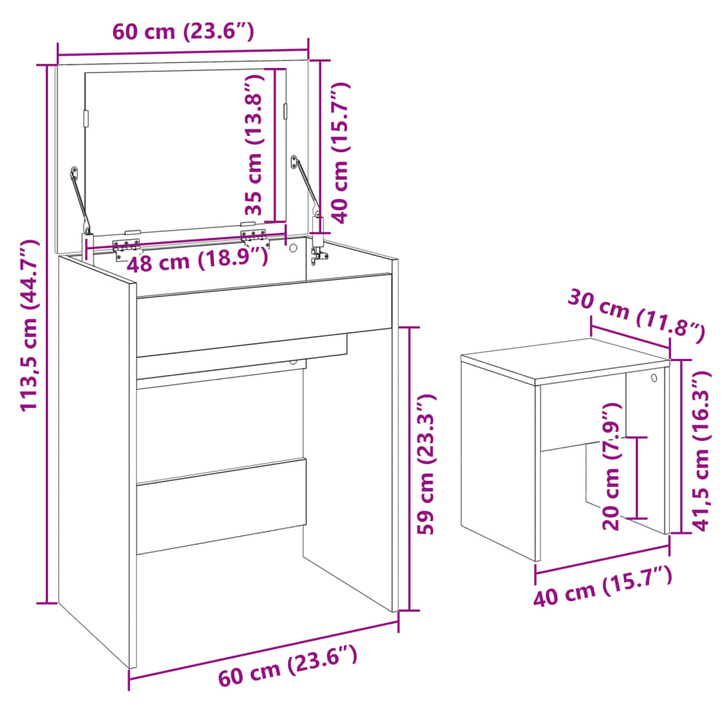 Dressing Table and Stool Smoked Oak 60x40x113,5 cm
