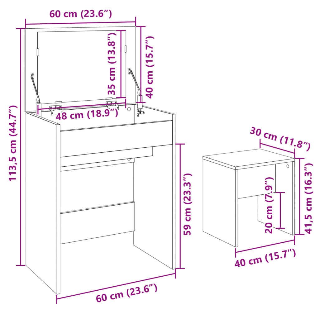 Dressing Table and Stool Grey Sonoma 60x40x113,5 cm