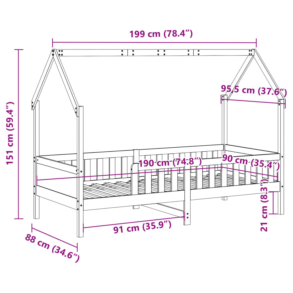 Kids'House Bed Frame without Mattress 90x190 cm Pine